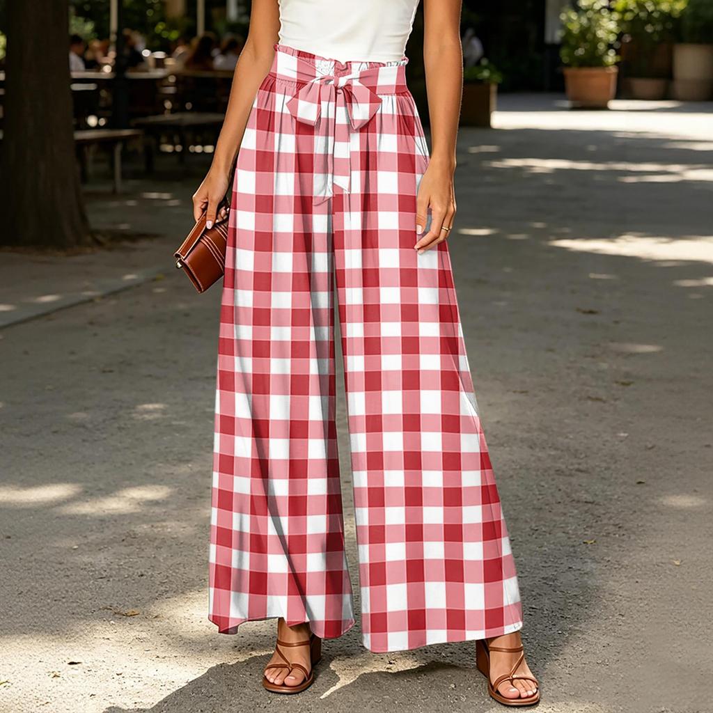 Women's High Waist Wide Leg Pants with Striped Plaid Print Casual Loose Fit Trousers with Tie Belt and Pockets for Everyday Wear