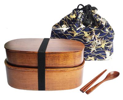 KXLCGYK Magewappa Bento Box, Two-Tier, 1000ml, Lightweight, with Drawstring Bag, Wooden Spoon and Chopsticks, Large Capacity, Natural Lacquer Finish,