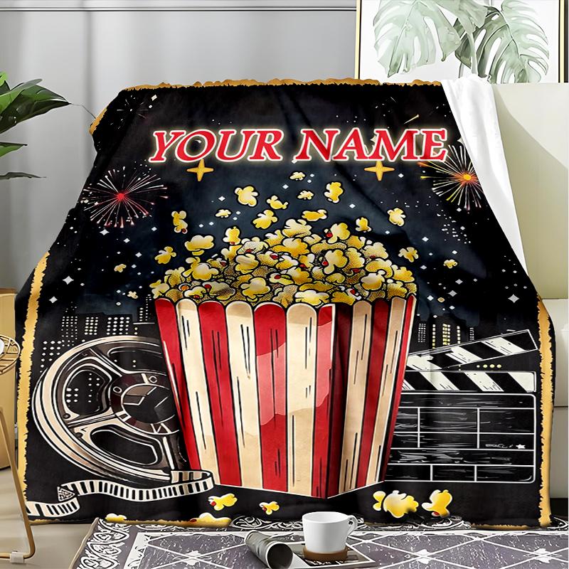 1PC Custom Name Movie Night Popcorn Party Outdooor Flannel Blankets Patterns Throw Blanket All-Season Soft Gift for Couch, Bed, Camping Gifts