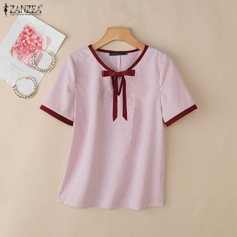 ZANZEA Women Casual Round Neck Loose Short Sleeve Stripe Blouse