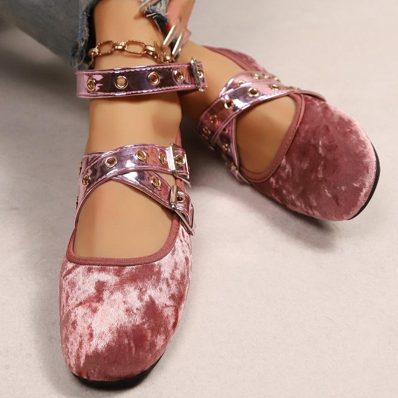 Suede Flats Women's Fashion Round Toe Shallow Rivet Metal Buckle One Strap Soft Sole Non-Slip Plus Size Single Shoes
