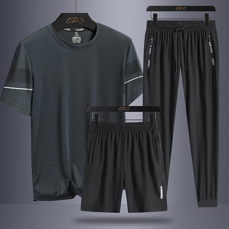 Short Sleeved Three Piece Set for Men's Breathable Mesh Cooling Casual Sports Suit for Men