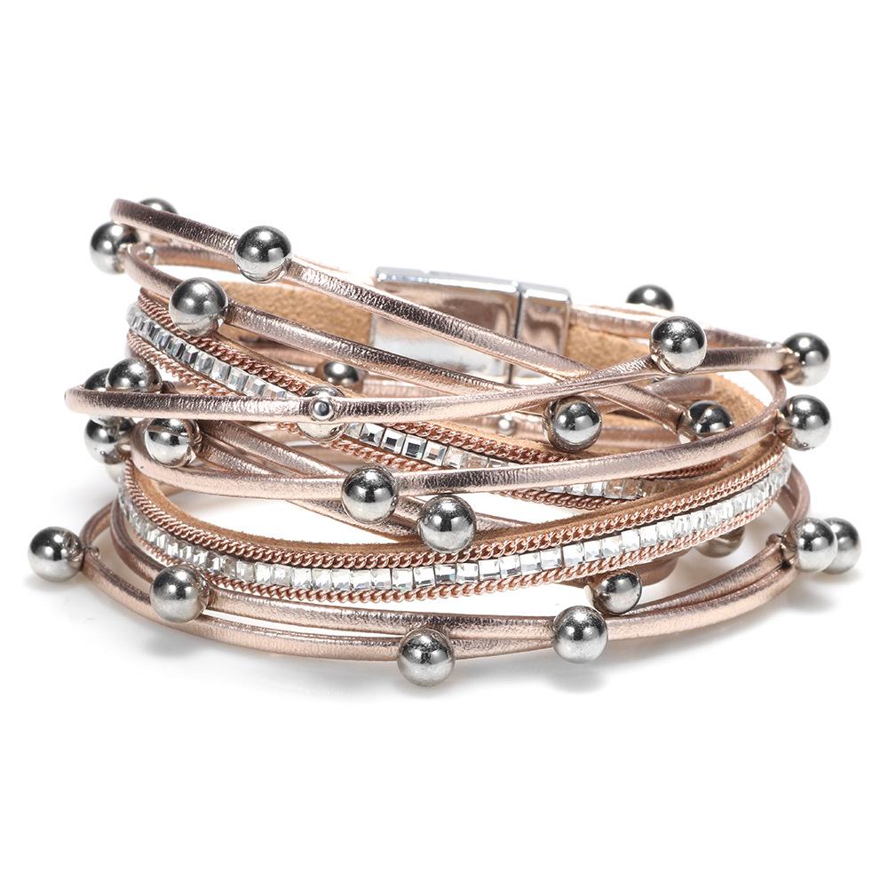 JMXD - Fashion Accessories Leather Bracelet Rhinestone Loop Wrapped Magnetic Buckle Bracelet