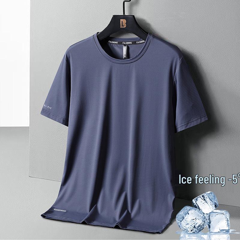Herr Sommar Is-Silke Mesh Snabbtorkande T-shirt - Lös Passform, Casual Sport, Stor Storlek, Rund Hals, Kort Ärm, Tryckt Design.