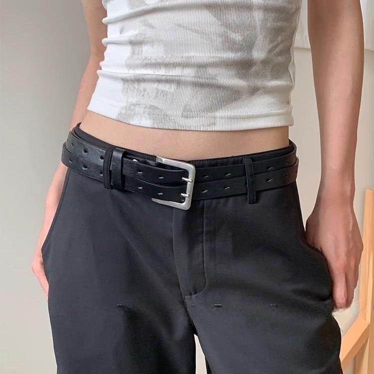 Leather Belt Male Female Fashion Pu Material Double Row Buckle Street Style For Casual Wear