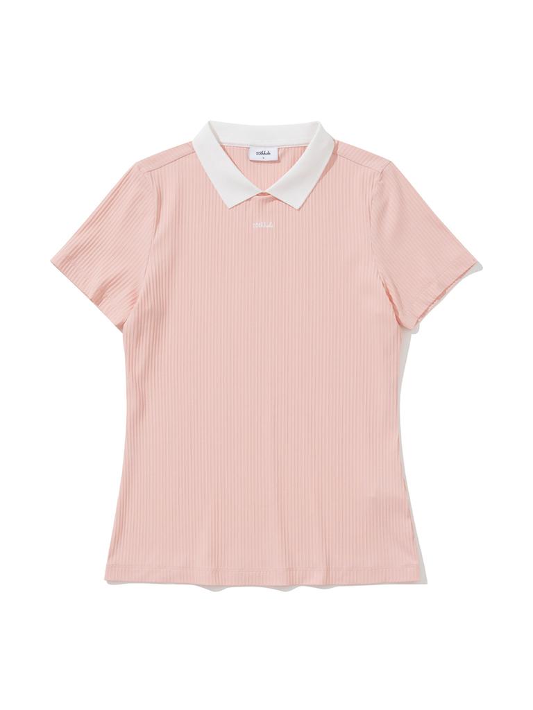 20TH HOLE Women'S Ribbed Yoko Color Block Embroidered Short Sleeve Collared T-Shirt [Pink]