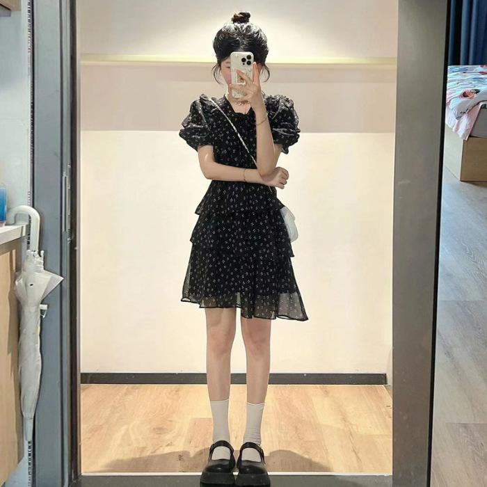 

Gentle French bubble sleeve design floral cake skirt women s summer age reduction waist thin straps coffee break dress 3XL