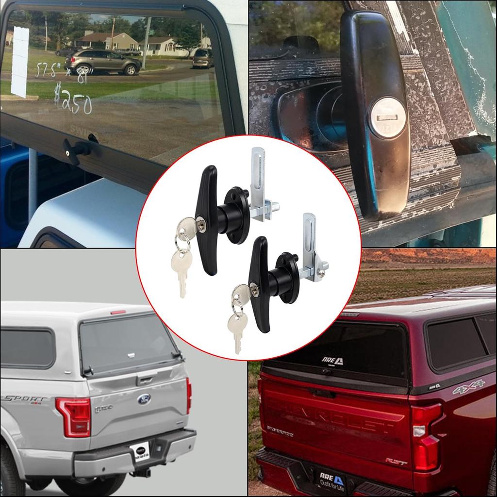 Truck Cap Locking T-Handle, Matching Set T-Handles Lock, Truck Cap Topper Camper Shell Locking T-Handle, Keyed Alike Black T-Handle Lock Kit