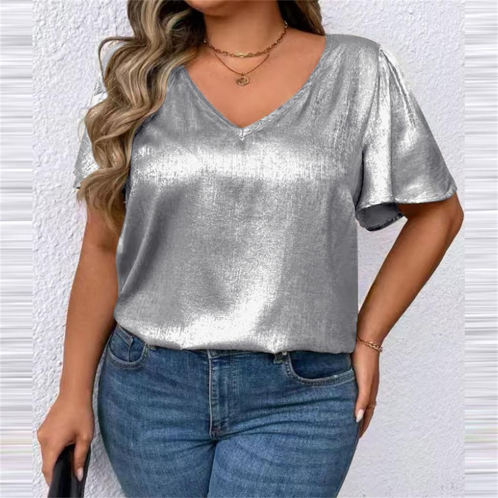 T Shirts For Women Pleated R-Neck Dressy Casual Blouses Printing Short Sleeve Summer Tops Loose Fit