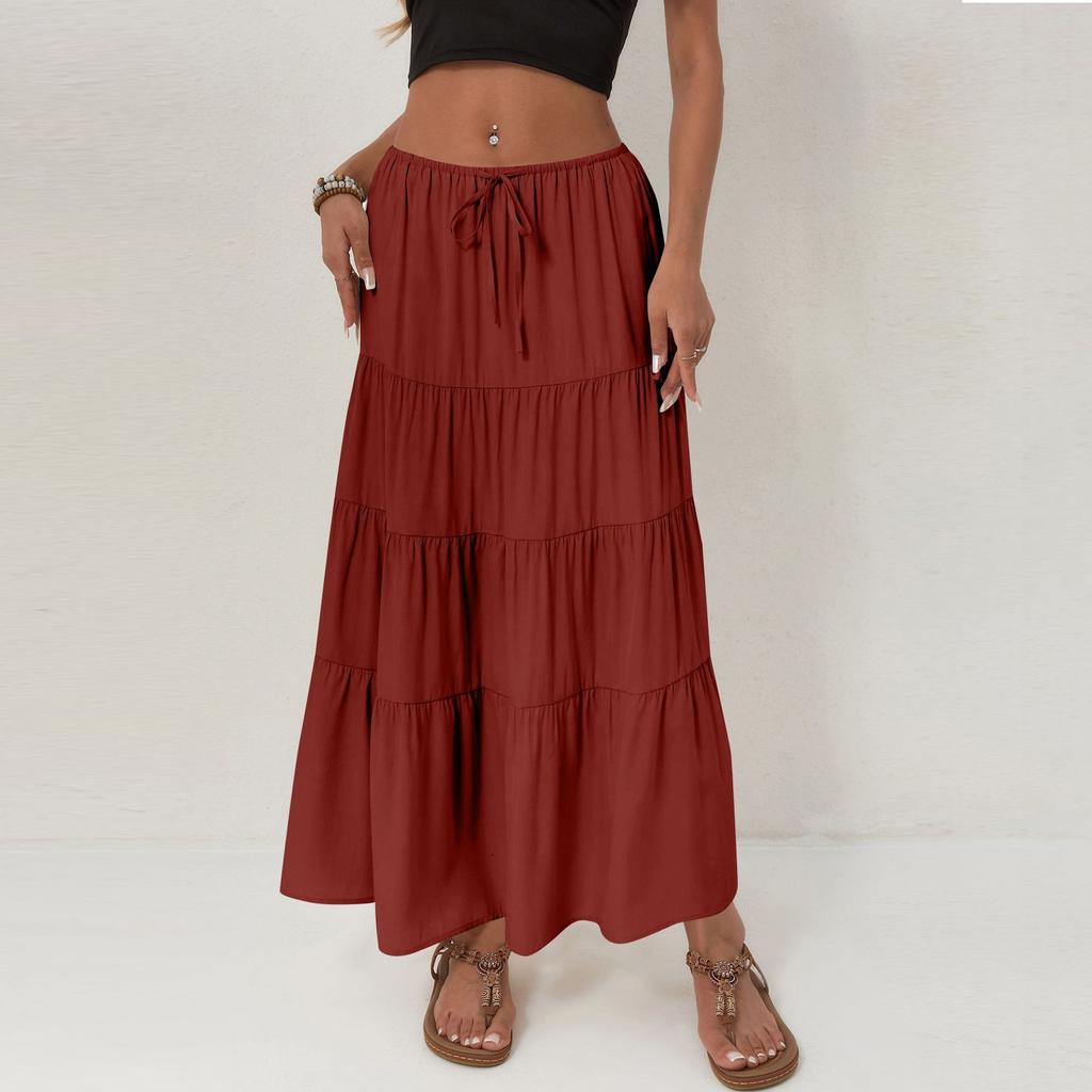 Damen Baumwollrock Hohe Taille Elastischer Bindegürtel Großer Schwingrock Europäischer Und Amerikanischer Lockerer Gespleißter Langer Rock Für Damen