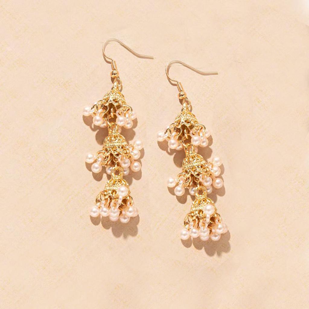 Pair Of Alloy Made Bohemian Style Dangling Earrings With Three Layer Hollow Out Bell Tassels For Versatile Outfits And Special Event