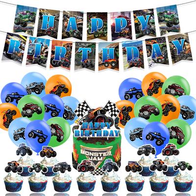 34Pcs Party Decor Set Banner Cake Toppers Balloon For Monster Truck Themed Party
