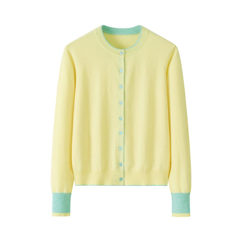 Women's Pure Cashmere Color Block Knit Cardigan - Button-Up, Round Neck, Versatile for Autumn and Winter.