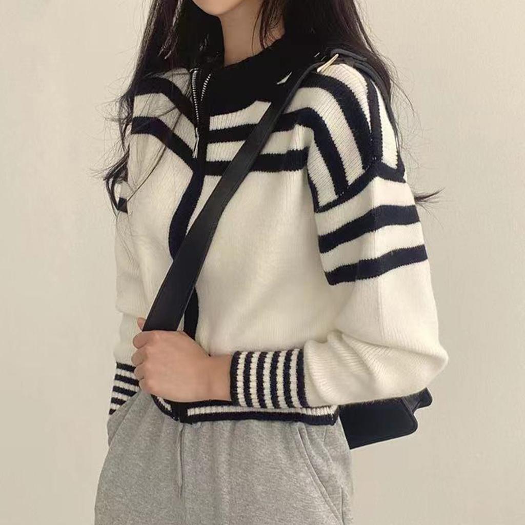 Korean Chic Autumn French Retro Zipper Stand Up Collar Waist Cinching Short Style Long Sleeved Striped Knit Sweater Jacket for Women