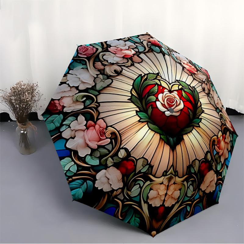 1pc Stained Glass Heart Automatic Umbrella Portable Home Essential Umbrella, Iron Umbrella Structure Suitable for All Seasons Yy251123149