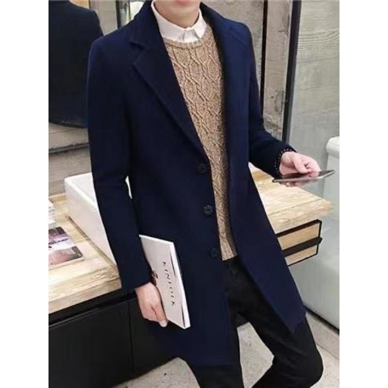 Trench da uomo autunno e inverno, colletto da completo, cappotto di lana medio e lungo, versione coreana del cappotto di lana tinta unita slim-fit da giovane