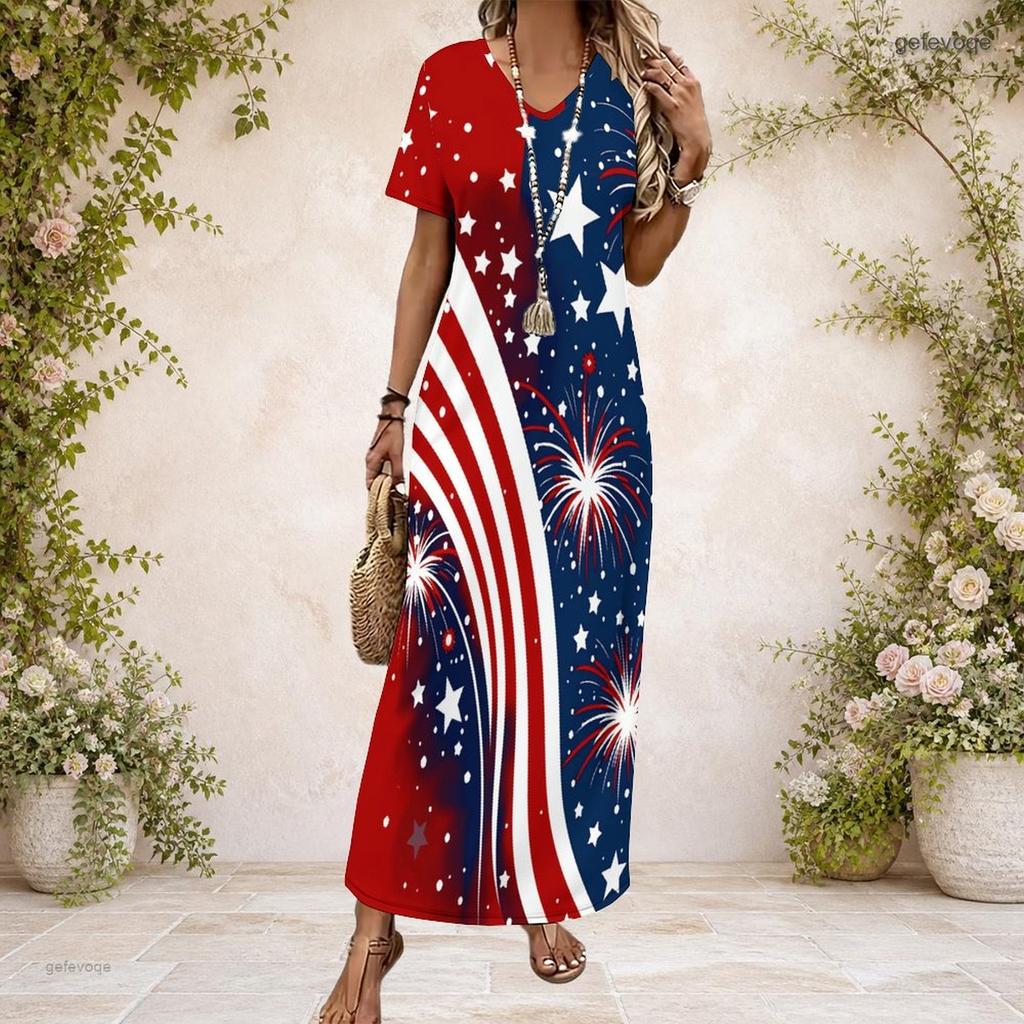 Women Plus Size V Neck Short Sleeve Colorful Floral Printed Straight Long Dress
