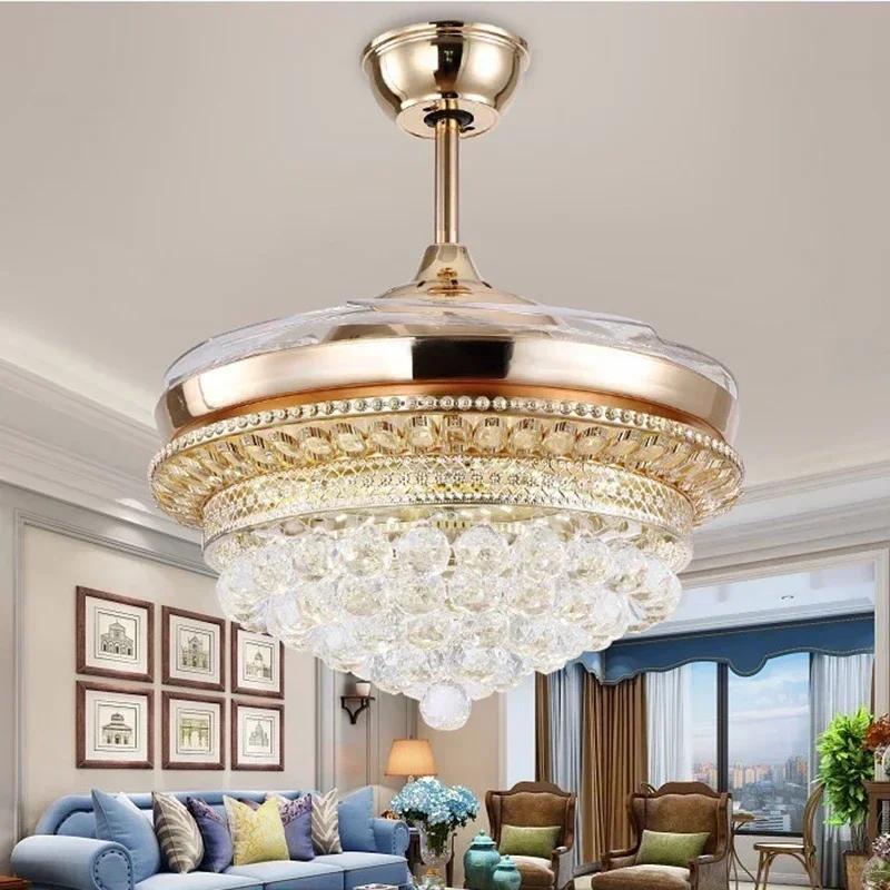 Modern Luxury Crystal Chandelier Atmosphere Living Room Fan Light Remote Control Chandelier Bedroom Dining Room Ventilation