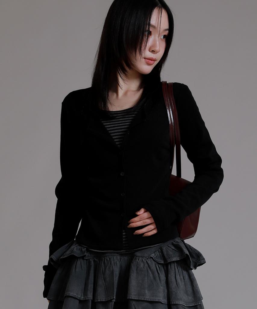 LIKE THE MOST Striped Inner Layered Cardigan T-Shirt_Black