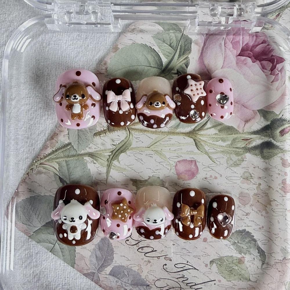 Cute Pink Rabbit Love Bear 3D Star Butterfly Knot Wing Dot Ellipse Fake Nails Birthday Gift Nail Art