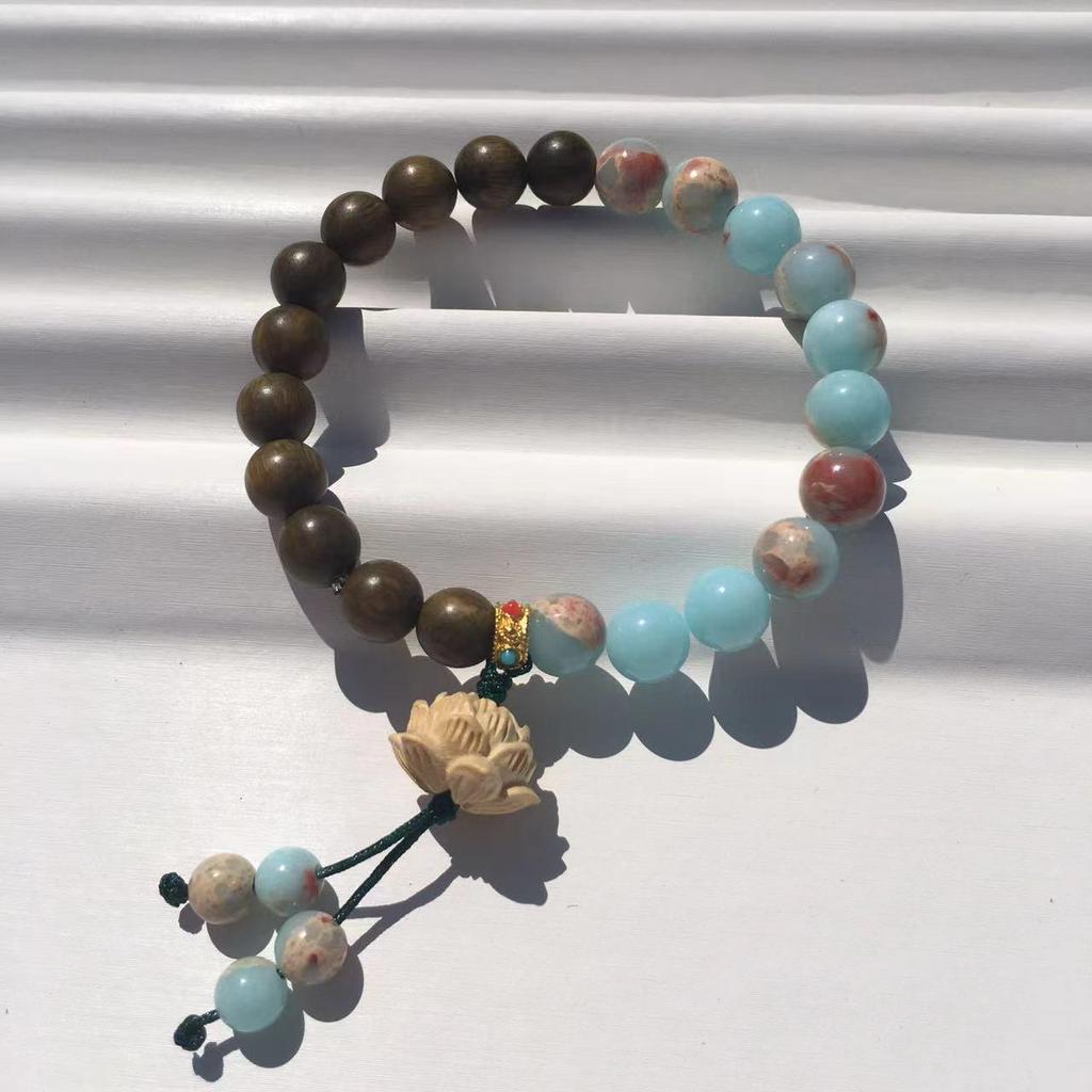 Shoushan Stone Lotus Bracelet with Green & Purple Sandalwood, Peach Wood, and Buddhist Play Beads for Men and Women.