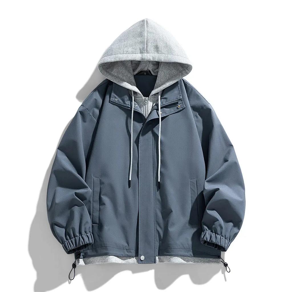 Spring Autumn New Fashion Hooded Jacket Men Hong Kong Style Patchwork Jackets Male Fake Two Pieces Casual Coat Hoodies Outerwear
