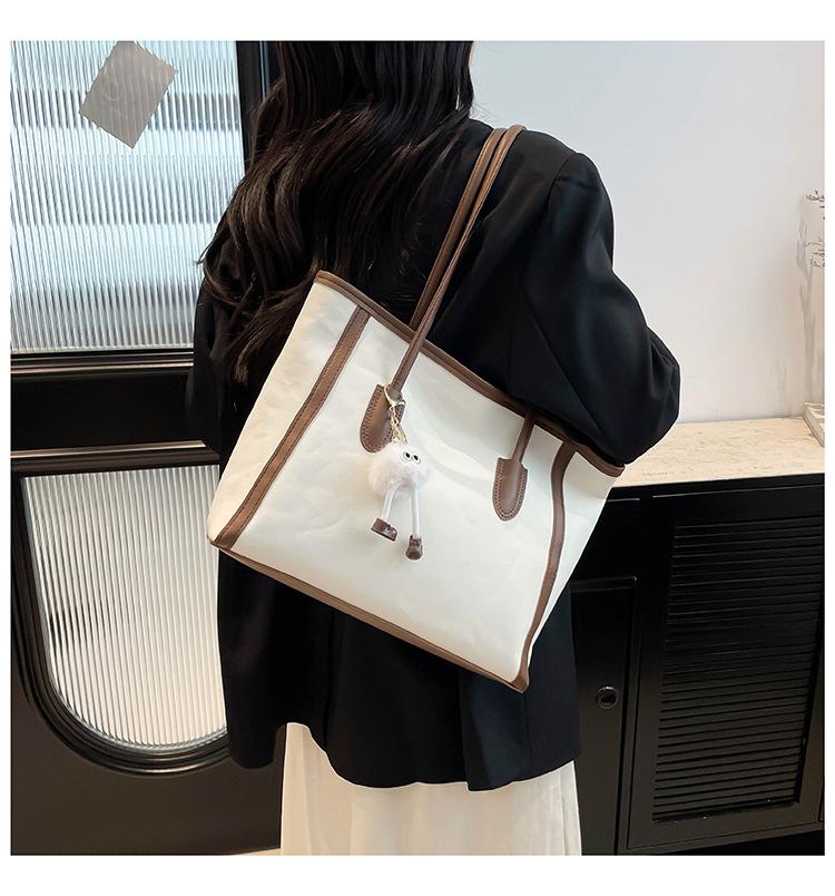 Minimalist Casual Women Tote Bag with Brown Trim Plush Keychain Accent Roomy Large Capacity Shoulder Bag for Everyday Styling