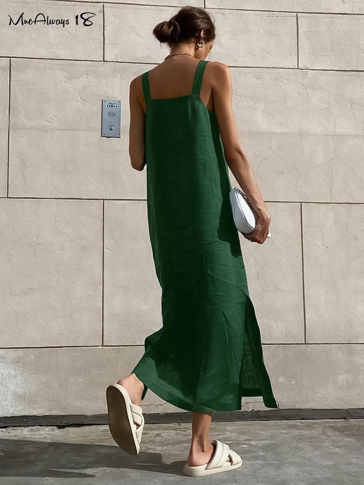 Green Tank Dresses Summer Cotton Linen Sleeveless Straight Split Dress 2026 All-Match Midi Dress Vacation Style Lady