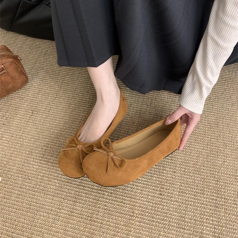 Candy Bow Light Mouth Suede Round Head Ballet Shoes Women's Soft Flat Bottom One Pedal Mary Jane Single Shoes
