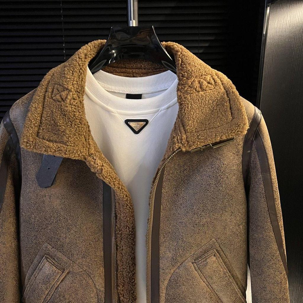 Winter 2025 Men's Fashionable Thickened Velvet Motorcycle Jacket - Long-Sleeved, Warm Lapel Design