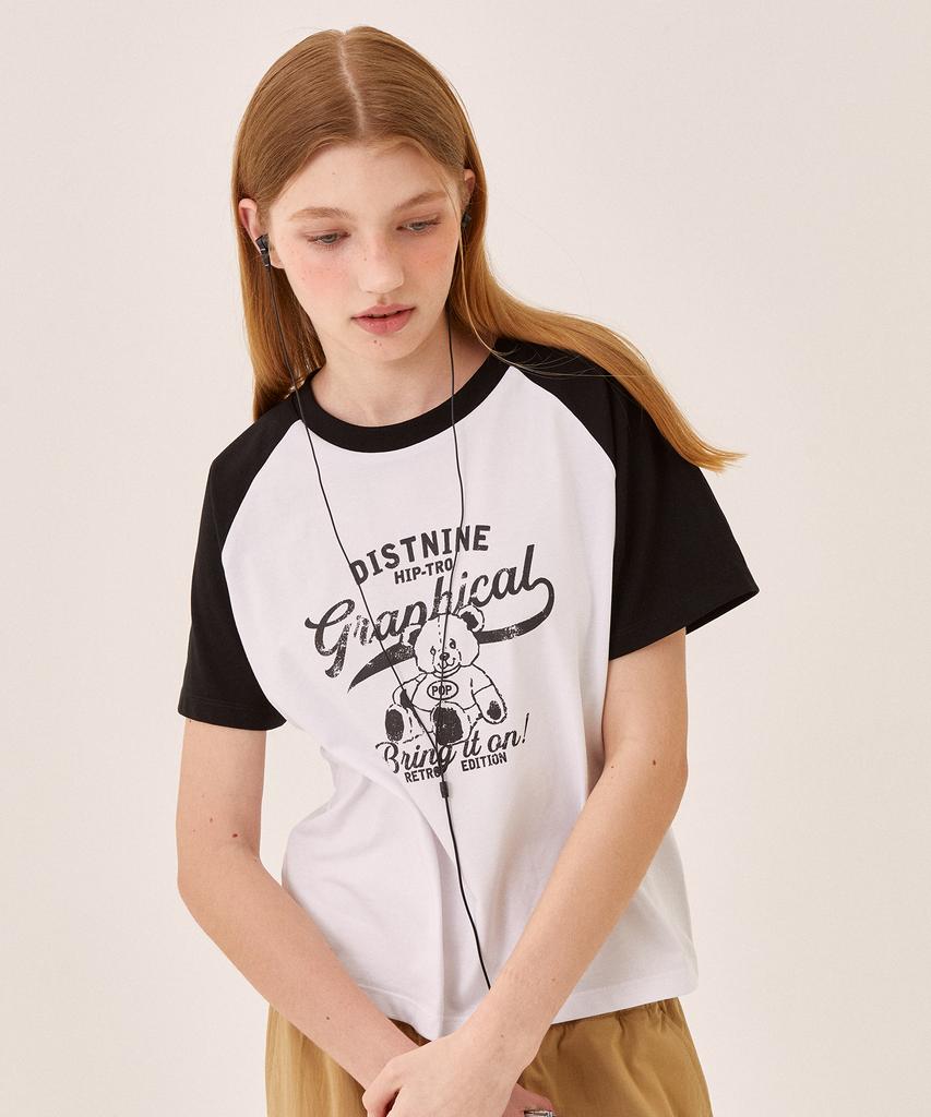 DISTN9NE Retro Bear Raglan Short Sleeve T-Shirt Black (Lo2Tf278-076)
