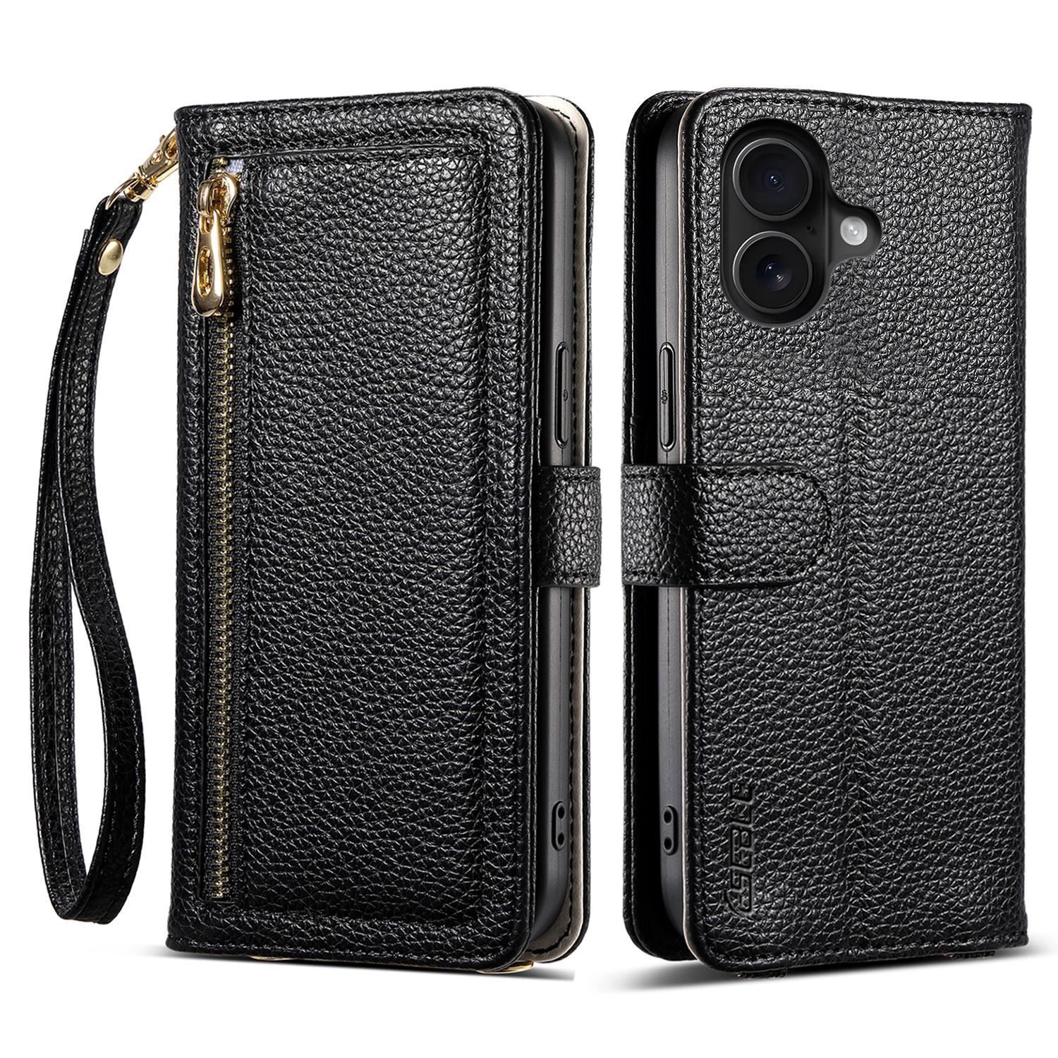 

ESEBLE E11 For iPhone 16 Plus Case Zipper Pocket Litchi Texture Leather Phone Cover with Mirror and Wrist Strap C