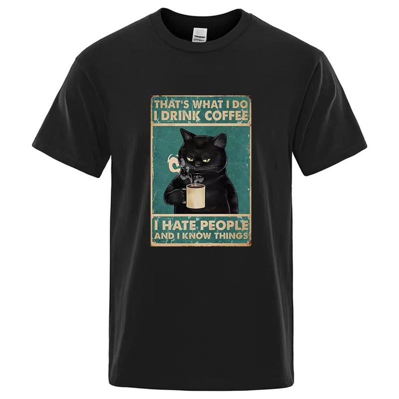 Summer casual cool loose mens Oneck Tshirt mens top mens Tshirt highquality 100 pure cotton fun cat drink coffee print S