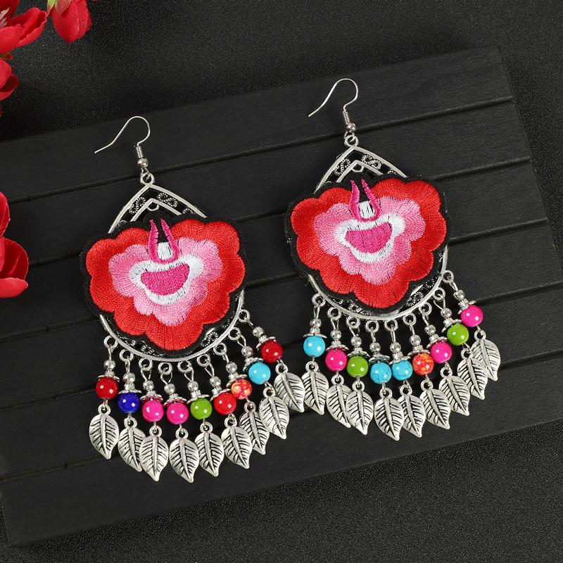 Yunnan Double-sided Embroidered Fabric Earrings, Long Leaf Tassel Personalized Earrings, Retro Miao Earrings for Women