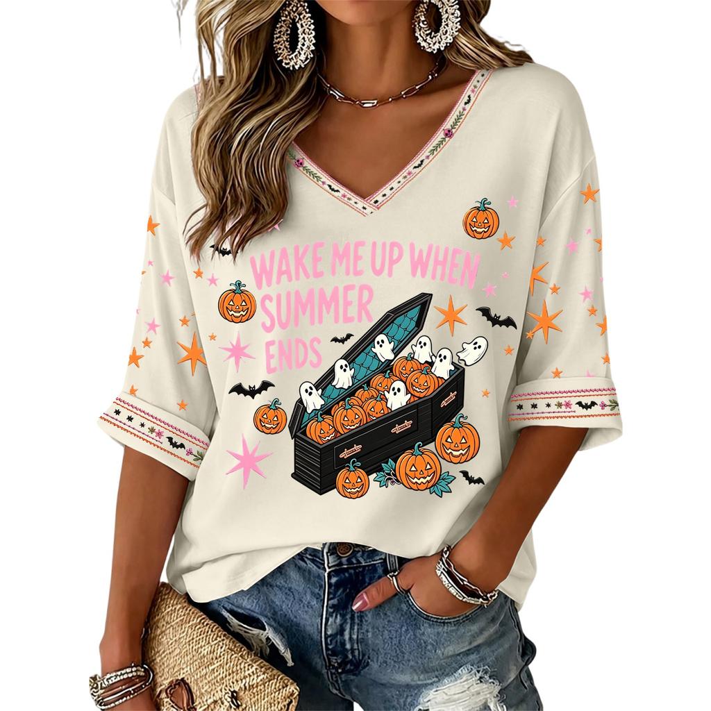 Women's V-Neck Three-Quarter Sleeve Halloween Print Blouse for Party and Costume Wear