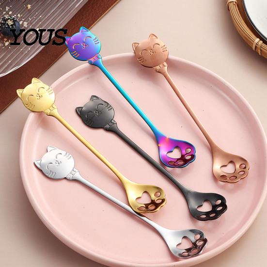 Cute Cat Paw Spoon Coffee Spoon, Stainless Steel Claw Teaspoon, Embossed Design Multi-Color Electroplated Stirring for Ice Cream Yogurt