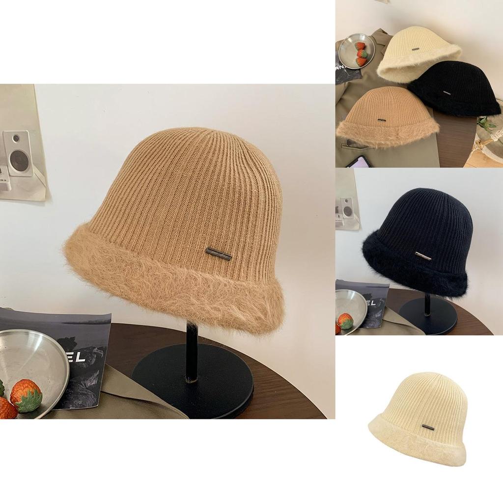 Stylish Warm Fluffy Bucket Hat For Women Winter Cotton Knit Large Brim Fashion