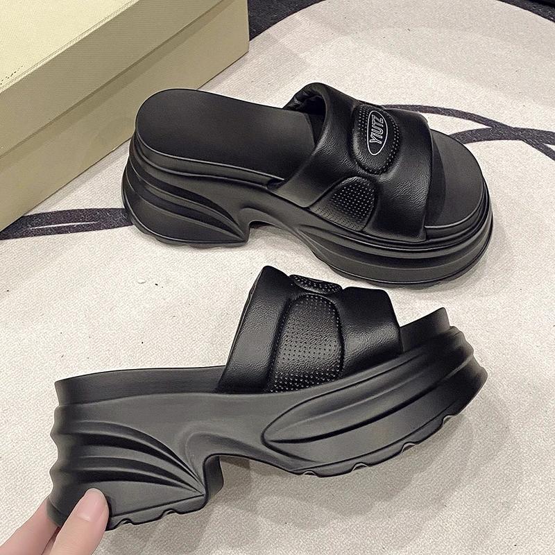 Fashion 8CM Fashion Platform High Slippers Women Open Toe Wedges Sandals Summer Soft Slipper Indoor Outdoor Leisure Beach Shoes Black