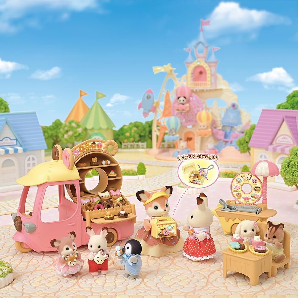 Sylvanian Families EPOCH Donut Wagon Toy Set with Delivery Feature for Dollhouse Ages 3 and Up