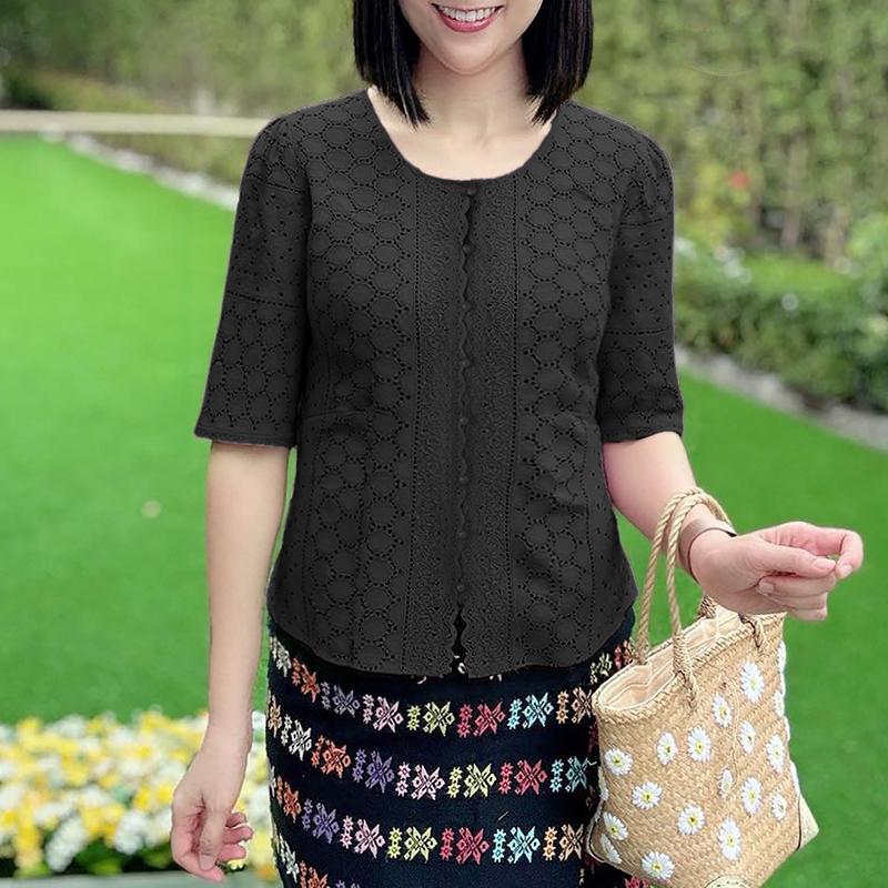 

ZANZEA Женская повседневная блузка с круглым вырезом, рукавом до локтя, пэчворком и вязанием крючком 2XL чёрный