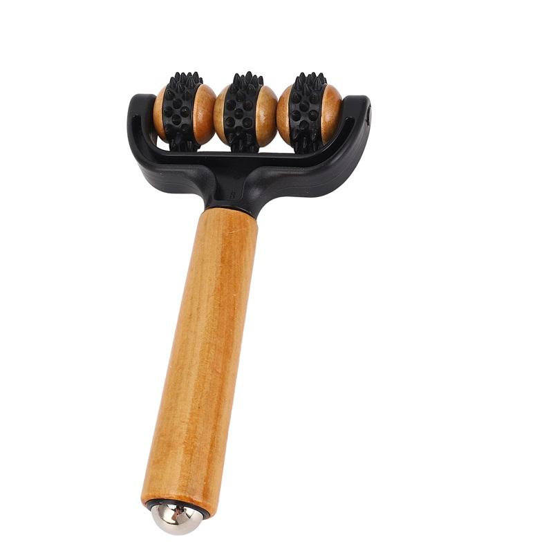 Ręczne narzędzie do masażu wałkiem Ręczne kolczaste kulki do masażu Wałek 3 kółka Ergonomiczna rączka Drewniane narzędzie do masażu mięśni