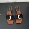 Leopard Buckle Slippers Loafers Shoes Woman Square Toe Women Heeled Sandals 2025 Trend Shallow Summer Flip Flops Casual Slides