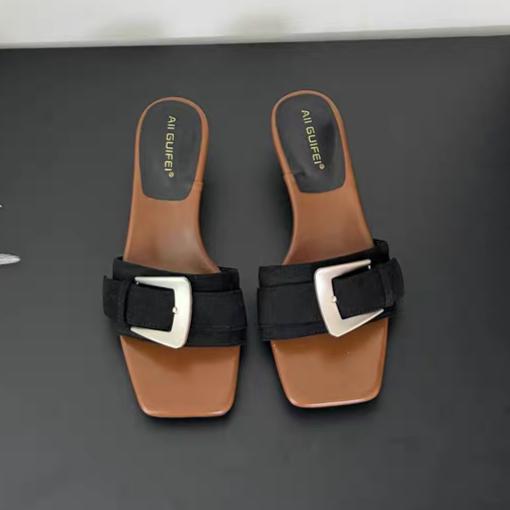 Fashion Leopard Buckle Slippers Loafers Shoes Woman Square Toe Women Heeled Sandals 2025 Trend Shallow Summer Flip Flops Casual Slides