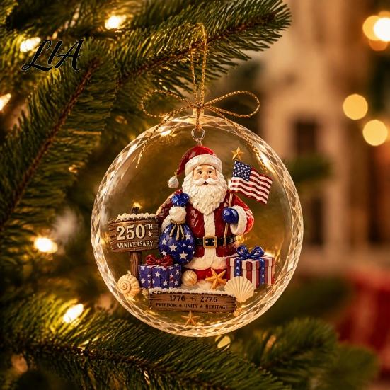 Vintage Christmas Party Supplies 250 Anniversary USA Sea Glass Ornament, 1776-2026 Patriotic Faux Crystal Holiday Season Ornament Clear Keepsake,