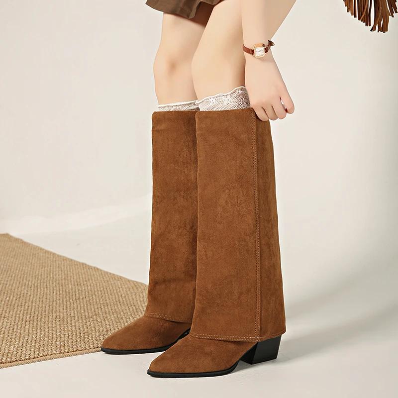 Fashion Block Heel Tall Boots Women's Fashion Pointed Toe Sleeve Suede Non-Slip Wear-Resistant High Heels