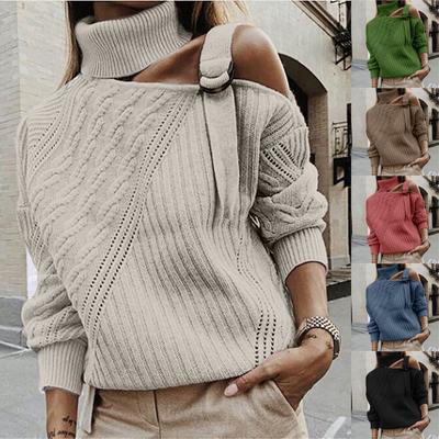 Women's And Winter Casual Loose Solid Color Stitching Long-sleeved Stand Collar One Side Strapless Knit Sweater Top