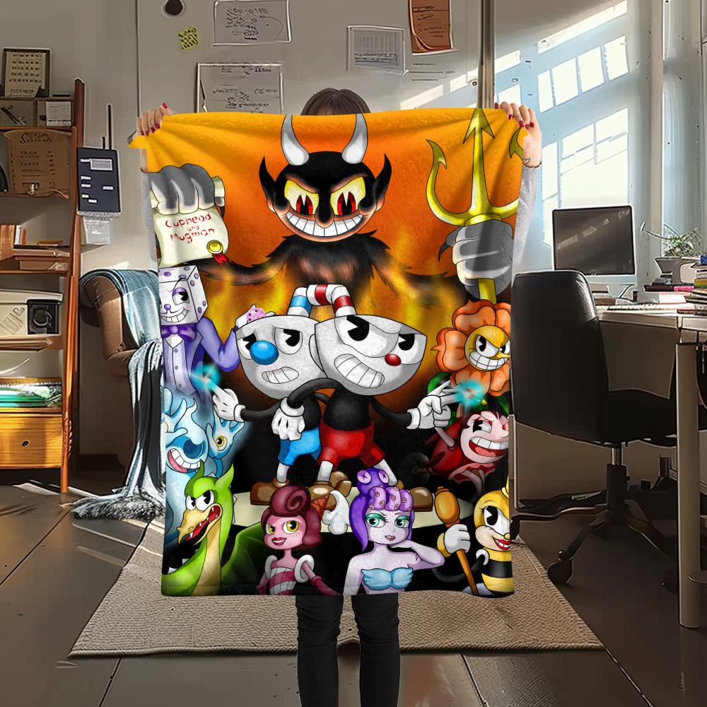 1Pc Cuphead Print Flannel Blanket, High Quality Comfortable for All Seasons, Home Decor, Warmth and Comfort, Perfect for Christmas Gifts