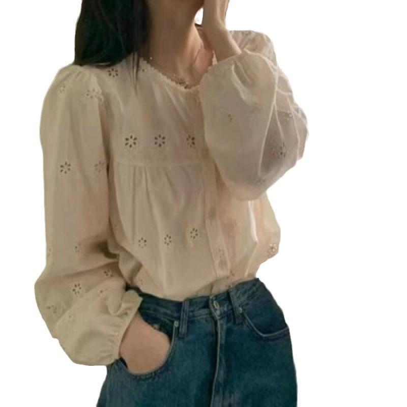 Korean Korean ins style long-sleeved shirt women's spring and autumn new French retro hollow embroidered loose and thin top