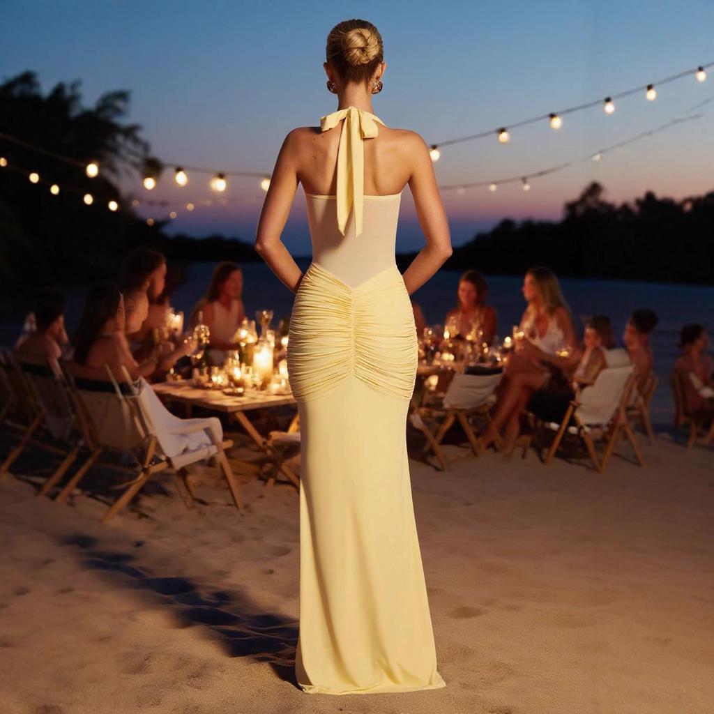 New Neck Strap Mesh Stitching Streamer Long Dress Dress Style Dress