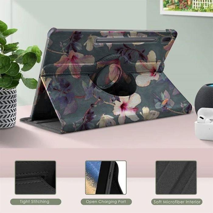 Coque de Protection - E.F.Connection - Samsung Galaxy Tab S9 - Rotatif 360° - Motif Fleur - Cuir Synthétique